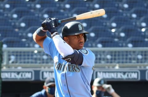 PEORIA, ARIZONA – MARCH 15: Julio Rodríguez #85 of the Seattle Mariners at bat in the seventh inning against the Arizona Diamondbacks during the MLB spring training baseball game at Peoria Sports Complex on March 15, 2021 in Peoria, Arizona. (Photo by Abbie Parr/Getty Images)