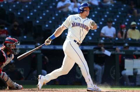 Jarred Kelenic of the Seattle Mariners swings at a pitch during the eighth inning against the Cleveland Indians at T-Mobile Park on May 16, 2021, in Seattle, Washington. (Photo by Abbie Parr/Getty Images)