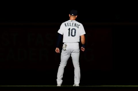 Jarred Kelenic of the Seattle Mariners warms up before the game against the Detroit Tigers at T-Mobile Park on May 18, 2021, in Seattle, Washington. (Photo by Steph Chambers/Getty Images)