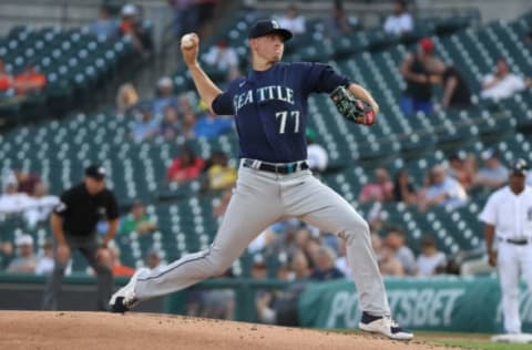 DETROIT, MICHIGAN – JUNE 09: Chris Flexen #77 of the Seattle Mariners throws a second inning pitch while playing the Detroit Tigers at Comerica Park on June 09, 2021 in Detroit, Michigan. (Photo by Gregory Shamus/Getty Images)