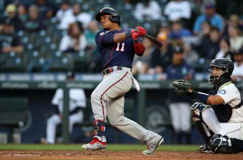 SEATTLE – JUNE 16: Jorge Polanco #24 of the Minnesota Twins bats during the game against the Seattle Mariners at T-Mobile Park on June 16, 2021 in Seattle, Washington. The Twins defeated the Mariners 7-2. (Photo by Rob Leiter/MLB Photos via Getty Images)