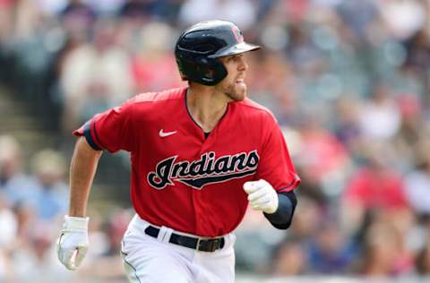 CLEVELAND, OHIO – JUNE 13: Bradley Zimmer #4 of the Cleveland Indians runs to first base during a game against the Seattle Mariners at Progressive Field on June 13, 2021 in Cleveland, Ohio. (Photo by Emilee Chinn/Getty Images)