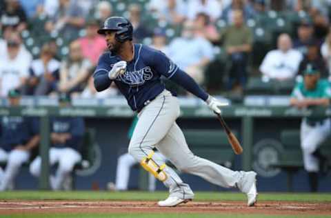 SEATTLE – JUNE 18: Yandy Diaz #2 of the Tampa Bay Rays bats during the game against the Seattle Mariners at T-Mobile Park on June 18, 2021 in Seattle, Washington. The Mariners defeated the Rays 5-1. (Photo by Rob Leiter/MLB Photos via Getty Images)