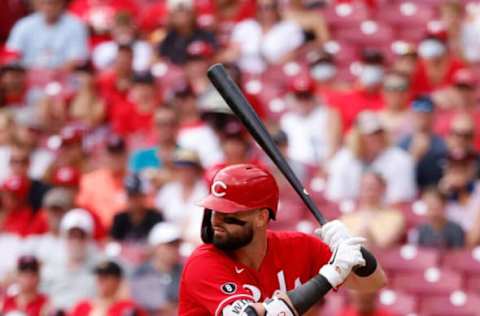 CINCINNATI, OH – AUGUST 08: Jesse Winker #33 of the Cincinnati Reds bats during the game against the Pittsburgh Pirates at Great American Ball Park on August 8, 2021 in Cincinnati, Ohio. (Photo by Kirk Irwin/Getty Images)