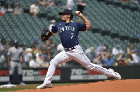 SEATTLE, WASHINGTON – AUGUST 12: Marco Gonzales #7 of the Seattle Mariners throws a pitch in the first inning against the Texas Rangers at T-Mobile Park on August 12, 2021 in Seattle, Washington. (Photo by Alika Jenner/Getty Images)