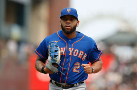 SAN FRANCISCO, CALIFORNIA – AUGUST 18: Dominic Smith #2 of the New York Mets looks on from the field during the game against the San Francisco Giants at Oracle Park on August 18, 2021 in San Francisco, California. (Photo by Lachlan Cunningham/Getty Images)