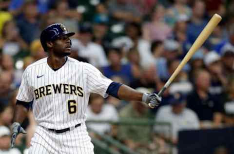 MILWAUKEE, WISCONSIN – AUGUST 21: Lorenzo Cain #6 of the Milwaukee Brewers up to bat against the Washington Nationals at American Family Field on August 21, 2021 in Milwaukee, Wisconsin. Brewers defeated the Nationals 9-6. (Photo by John Fisher/Getty Images)