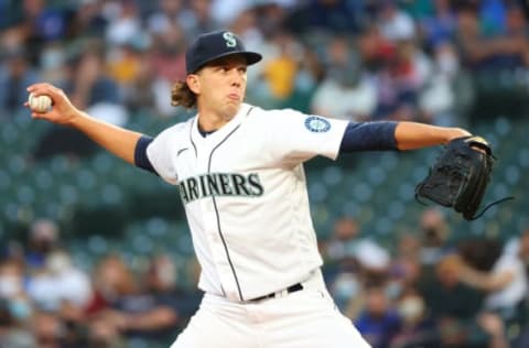 SEATTLE, WASHINGTON – SEPTEMBER 13: Logan Gilbert #36 of the Seattle Mariners pitches against the Boston Red Sox in the first inning at T-Mobile Park on September 13, 2021 in Seattle, Washington. (Photo by Abbie Parr/Getty Images)