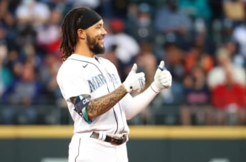 SEATTLE, WASHINGTON – SEPTEMBER 13: J.P. Crawford #3 of the Seattle Mariners reacts after hitting a leadoff double against the Boston Red Sox in the first inning at T-Mobile Park on September 13, 2021 in Seattle, Washington. (Photo by Abbie Parr/Getty Images)