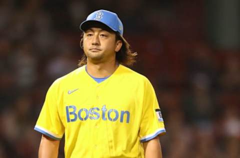 BOSTON, MA – SEPTEMBER 17: Hirokazu Sawamura #19 of the Boston Red Sox looks on in the seventh inning of a game against the Baltimore Orioles at Fenway Park on September 17, 2021 in Boston, Massachusetts. (Photo by Adam Glanzman/Getty Images)