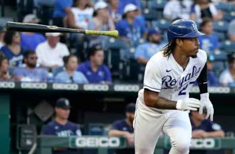 KANSAS CITY, MISSOURI – SEPTEMBER 18: Adalberto Mondesi #27 of the Kansas City Royals tosses his bat after hitting an RBI single in the first inning against the Seattle Mariners at Kauffman Stadium on September 18, 2021 in Kansas City, Missouri. (Photo by Ed Zurga/Getty Images)