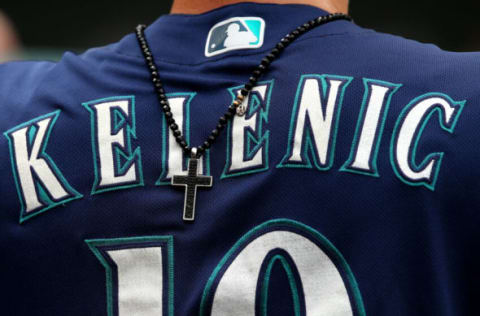 ANAHEIM, CALIFORNIA – SEPTEMBER 26: Jarred Kelenic #10 of the Seattle Mariners, uniform detail, during the fourth inning against the Los Angeles Angels at Angel Stadium of Anaheim on September 26, 2021 in Anaheim, California. (Photo by Katharine Lotze/Getty Images)