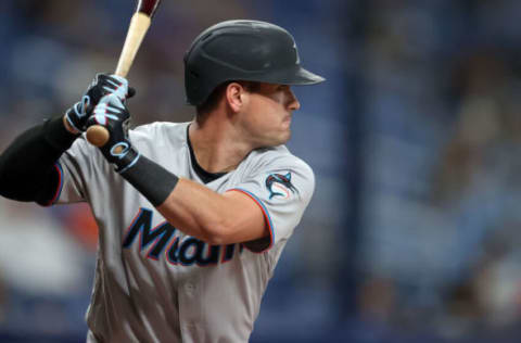 ST. PETERSBURG, FL – SEPTEMBER 24: Nick Fortes #84 of the Miami Marlins bats against the Tampa Bay Rays in the eighth inning of a baseball game at Tropicana Field on September 24, 2021 in St. Petersburg, Florida. (Photo by Mike Carlson/Getty Images)