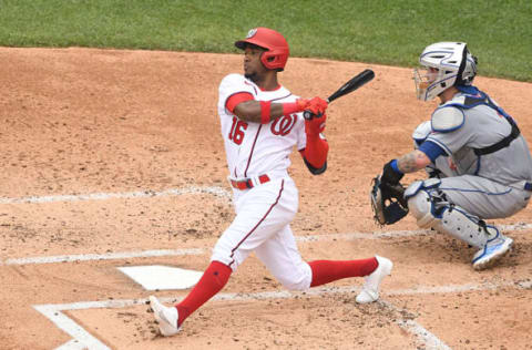 WASHINGTON, DC – JUNE 19: Victor Robles #16 of the Washington Nationals takes a swing during game one of a doubleheader baseball game against the New York Mets at Nationals Park on June 19, 2021 in Washington, DC. (Photo by Mitchell Layton/Getty Images)