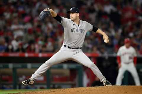 ANAHEIM, CA – AUGUST 31: Lucas Leutge #63 of the New York Yankees pitches during the game against the Los Angeles Angels at Angel Stadium on August 31, 2021 in Anaheim, California. The Angels defeated the Yankees 6-4. (Photo by Rob Leiter/MLB Photos via Getty Images)