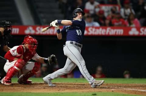 ANAHEIM, CA – SEPTEMBER 24: Jared Kelenic #10 of the Seattle Mariners bats during the game against the Los Angeles Angels at Angel Stadium on September 24, 2021 in Anaheim, California. The Mariners defeated the Angels 6-5. (Photo by Rob Leiter/MLB Photos via Getty Images)