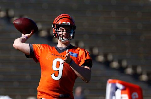 LOS ANGELES, CALIFORNIA – FEBRUARY 09: Joe Burrow #9 of the Cincinnati Bengals throws during practice in preparation for Super Bowl LVI at UCLA’s Drake Stadium on February 09, 2022 in Los Angeles, California. The Bengals will play against the Los Angeles Rams in Super Bowl LVI on February 13.at (Photo by Ronald Martinez/Getty Images)