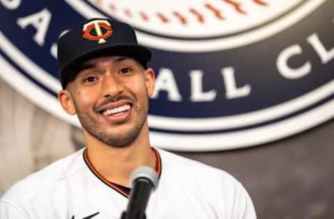 FORT MYERS, FL – MARCH 23: Carlos Correa #4 of the Minnesota Twins speaks at an introductory press conference at Hammond Stadium on March 23, 2022 in Fort Myers, Florida. (Photo by Brace Hemmelgarn/Getty Images)