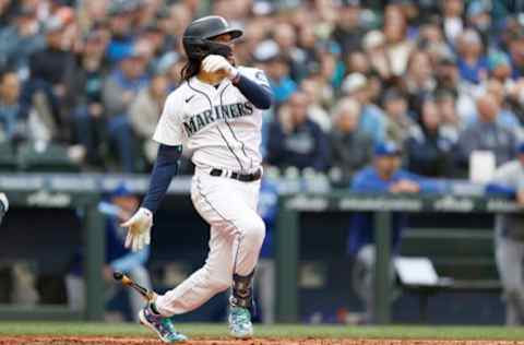 SEATTLE, WASHINGTON – APRIL 23: J.P. Crawford #3 of the Seattle Mariners watches his two run home run against the Kansas City Royals during the first inning at T-Mobile Park on April 23, 2022 in Seattle, Washington. (Photo by Steph Chambers/Getty Images)