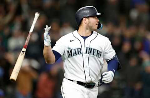 SEATTLE, WASHINGTON – APRIL 23: Ty France #23 of the Seattle Mariners reacts after his three run home run during the eighth inning against the Kansas City Royals at T-Mobile Park on April 23, 2022 in Seattle, Washington. (Photo by Steph Chambers/Getty Images)