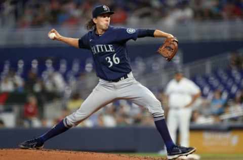 MIAMI, FLORIDA – MAY 01: Logan Gilbert #36 of the Seattle Mariners delivers a pitch against the Miami Marlins during the first inning at loanDepot park on May 01, 2022 in Miami, Florida. (Photo by Megan Briggs/Getty Images)