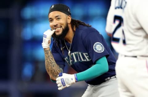 MIAMI, FLORIDA – MAY 01: J.P. Crawford #3 of the Seattle Mariners reacts after hitting a double against the Miami Marlins during the sixth inning at loanDepot park on May 01, 2022 in Miami, Florida. (Photo by Megan Briggs/Getty Images)