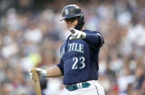 SEATTLE, WASHINGTON – JULY 07: Ty France #23 of the Seattle Mariners reacts during the first inning against the Toronto Blue Jays at T-Mobile Park on July 07, 2022 in Seattle, Washington. (Photo by Steph Chambers/Getty Images)