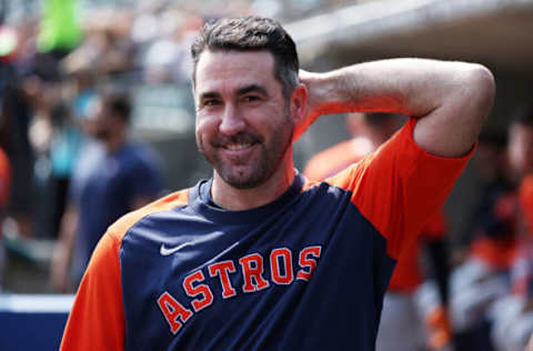 DETROIT, MICHIGAN – SEPTEMBER 14: Justin Verlander #35 of the Houston Astros looks on from the dugout while playing the Detroit Tigers at Comerica Park on September 14, 2022 in Detroit, Michigan. (Photo by Gregory Shamus/Getty Images)