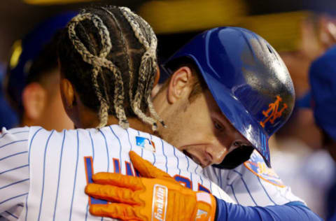 NEW YORK, NEW YORK – OCTOBER 05: Mark Canha #19 of the New York Mets is congratulated by teammate Francisco Lindor #12 in the dugout after his three run home run in the first inning against the Washington Nationals at Citi Field on October 05, 2022 in the Flushing neighborhood of the Queens borough of New York City. (Photo by Elsa/Getty Images)