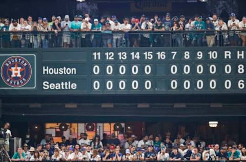 SEATTLE, WASHINGTON – OCTOBER 15: Game three of the American League Division Series between the Houston Astros and the Seattle Mariners enters the sixteenth inning without a run at T-Mobile Park on October 15, 2022 in Seattle, Washington. (Photo by Steph Chambers/Getty Images)