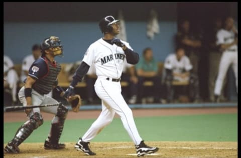 17 Oct 1995: Oufielder Ken Griffey Jr. of the Seattle Mariners watches his shot during a game playoff game against the Cleveland Indians at the Kingdome in Seattle, Washington. The Indians won the game 4-0.