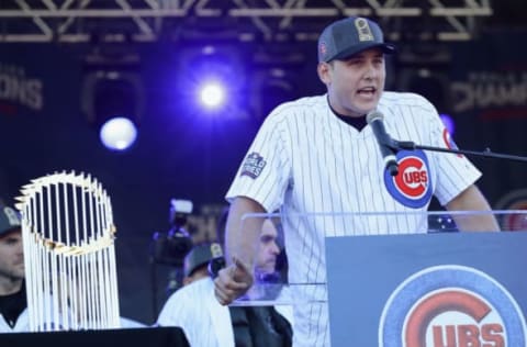 CHICAGO, IL – NOVEMBER 04: Anthony Rizzo of the Chicago Cubs speaks to the crowd during the Chicago Cubs victory celebration. (Photo by Jonathan Daniel/Getty Images)