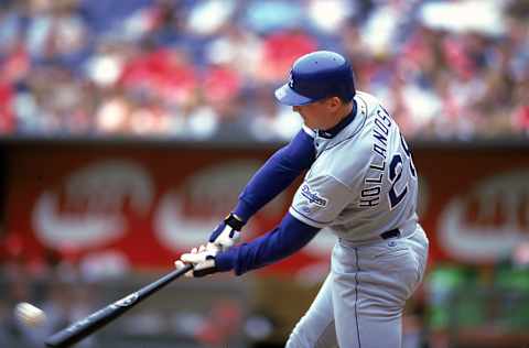 23 Apr 2000: Todd Hollandsworth of the Dodgers hits the ball during the game against the Reds. Mandatory Credit: Harry How /Allsport