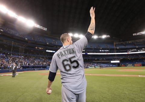 James Paxton of the Seattle Mariners acknowledges the crowd after throwing a no-hitter during MLB game action against the Toronto Blue Jays at Rogers Centre on May 8, 2018, in Toronto, Canada. (Photo by Tom Szczerbowski/Getty Images)