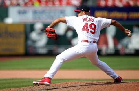 ST. LOUIS, MO – MAY 20: Jordan Hicks #49 of the St. Louis Cardinals pitches during the eighth inning against the Philadelphia Phillies at Busch Stadium on May 20, 2018 in St. Louis, Missouri. (Photo by Scott Kane/Getty Images) *** Local Caption *** Jordan Hicks