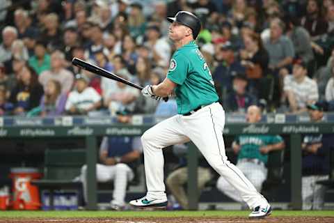 SEATTLE, WASHINGTON – MAY 31: Jay Bruce #32 of the Seattle Mariners watches his 300th career home run. (Photo by Abbie Parr/Getty Images)