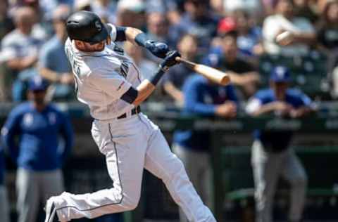 SEATTLE, WA – MAY 29: Mitch Haniger #17 of the Seattle Mariners hits a two-run home run off of relief pitcher Drew Smyly #33 of the Texas Rangers that also scored Mallex Smith #0 of the Seattle Mariners during the sixth inning of a game at T-Mobile Park on May 29, 2019, in Seattle, Washington. (Photo by Stephen Brashear/Getty Images)