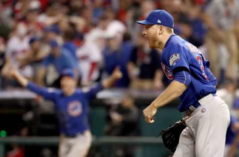 CLEVELAND, OH – NOVEMBER 02: Mike Montgomery #38 of the Chicago Cubs celebrates after defeating the Cleveland Indians 8-7 in Game Seven of the 2016 World Series at Progressive Field on November 2, 2016 in Cleveland, Ohio. The Cubs win their first World Series in 108 years. (Photo by Elsa/Getty Images)