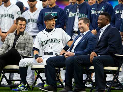 SEATTLE, WA – SEPTEMBER 14: Seattle Mariners general manager Jerry Dipoto looks on as Ichiro Suzuki, center laughs with former Seattle Mariners players Edgar Martinez and Ken Griffey Jr. as Suzuki receives the Seattle Mariners Franchise Achievement Award before the game against the Chicago White Sox at T-Mobile Park on September 14, 2019 in Seattle, Washington. (Photo by Lindsey Wasson/Getty Images)