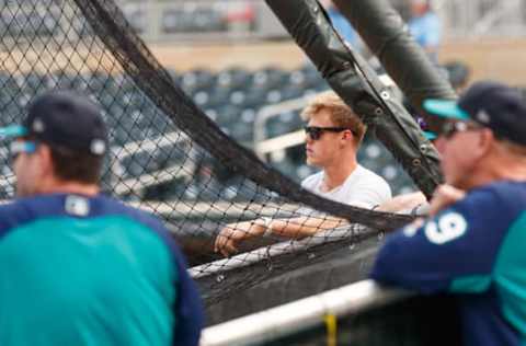 Jun 13, 2017; Minneapolis, MN, USA; Burnsville Minnesota high school senior pitcher Sam Carlson looks on during the Seattle Mariners batting practice. Mandatory Credit: Jordan Johnson-USA TODAY Sports