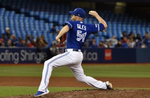 Sep 28, 2019; Toronto, Ontario, CAN; Toronto Blue Jays pitcher Ken Giles (51) pitches in the eighth inning against the Tampa Bay Rays at Rogers Centre. Mandatory Credit: Eric Bolte-USA TODAY Sports