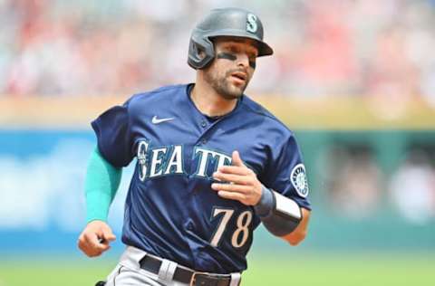 Jun 13, 2021; Cleveland, Ohio, USA; Seattle Mariners catcher Jose Godoy (78) rounds the bases on a home run hit by right fielder Jake Fraley (not pictured) during the fourth inning against the Cleveland Indians Progressive Field. Mandatory Credit: Ken Blaze-USA TODAY Sports