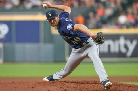 Aug 20, 2021; Houston, Texas, USA; Seattle Mariners relief pitcher Wyatt Mills (40) pitches against the Houston Astros in the fourth inning at Minute Maid Park. Mandatory Credit: Thomas Shea-USA TODAY Sports