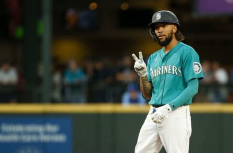 Aug 27, 2021; Seattle, Washington, USA; Seattle Mariners shortstop J.P. Crawford (3) reacts after hitting a double against the Kansas City Royals during the first inning at T-Mobile Park. Mandatory Credit: Joe Nicholson-USA TODAY Sports