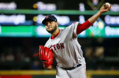 Sep 13, 2021; Seattle, Washington, USA; Boston Red Sox starting pitcher Eduardo Rodriguez (57) throws against the Seattle Mariners during the fifth inning at T-Mobile Park. Mandatory Credit: Joe Nicholson-USA TODAY Sports