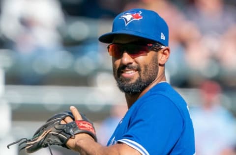 Sep 26, 2021; Minneapolis, Minnesota, USA; Toronto Blue Jays second baseman Marcus Semien (10) warms up in the sixth inning against the Minnesota Twins at Target Field. Mandatory Credit: Matt Blewett-USA TODAY Sports