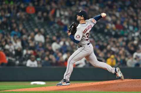 Apr 16, 2022; Seattle, Washington, USA; Houston Astros starting pitcher Justin Verlander (35) pitches to the Seattle Mariners during the first inning at T-Mobile Park. Mandatory Credit: Steven Bisig-USA TODAY Sports