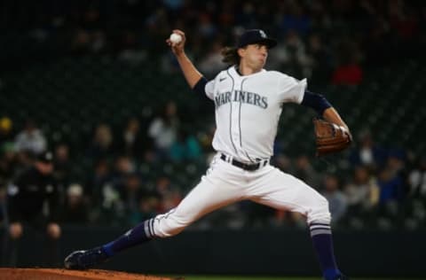 Apr 20, 2022; Seattle, Washington, USA; Seattle Mariners starting pitcher Logan Gilbert (36) delivers the ball against the Texas Rangers during the first inning at T-Mobile Park. Mandatory Credit: Lindsey Wasson-USA TODAY Sports