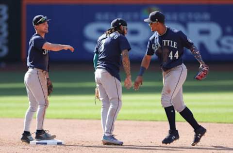 May 15, 2022; New York City, New York, USA; Seattle Mariners center fielder Julio Rodriguez (44) celebrates with teammates with shortstop J.P. Crawford (3) after the game against the New York Mets at Citi Field. Mandatory Credit: Vincent Carchietta-USA TODAY Sports