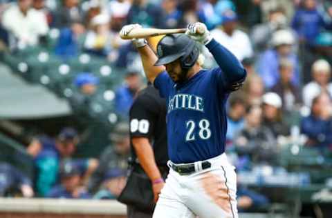 Jun 15, 2022; Seattle, Washington, USA; Seattle Mariners third baseman Eugenio Suarez (28) reacts after striking out during the fourth inning against the Minnesota Twins at T-Mobile Park. Mandatory Credit: Lindsey Wasson-USA TODAY Sports